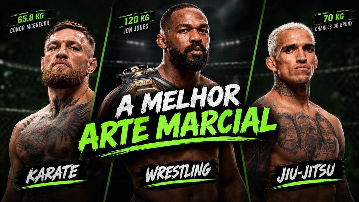Conor McGregor, Jon Jones e Charles do Bronx lado a lado sob o título A melhor arte marcial, com karatê, wrestling e jiu-jitsu indicados para cada um